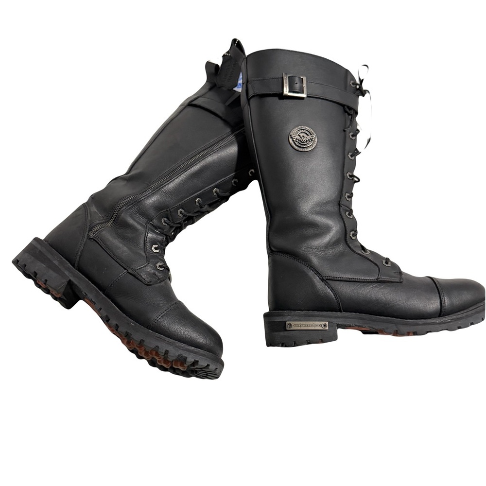 Nu Milwaukee Leather womans black lace up biker rider boots with buckle 10